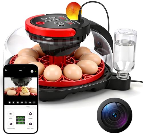 Brutautomat Vollautomatisch 12 Eier mit 1080 HD-Kamera, Smart App Steuerung | Inkubator Hühner Brutmaschine mit Temperatur und Feuchtigkeitsregelung, Automatischem Eierwender für Hühner, Wachtel, Enten