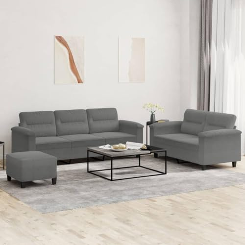 WDGJJFECNMUEHI 3-TLG. Sofagarnitur mit Kissen Dunkelgrau Mikrofasergewebe, Wohnzimmer Sofa Set inkl. Hocker, Modernes 2+3 Sitzer Polstergarnitur mit dickem Polster, Langlebig und pflegeleicht