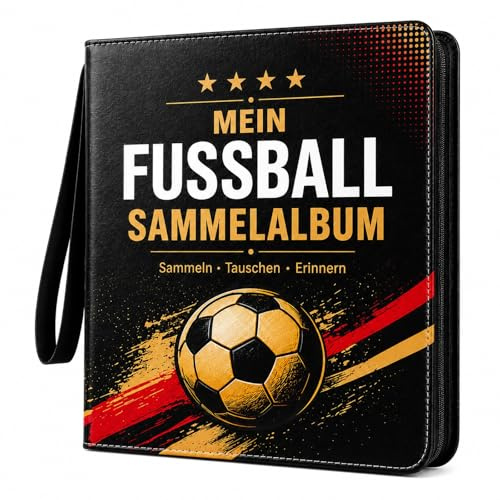 Fußballkarten Sammelalbum für 900 Karten – Sammelkarten Album mit 50 Seiten | 9 Fächern, 4-Sterne-Fan-Design in Schwarz-Rot-Gold, Reißverschluss & Handschlaufe, Kartenordner für Deutschland-Fans