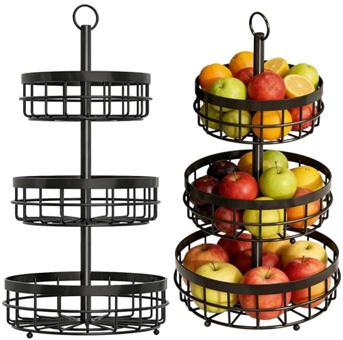 Chewtoyo 3-Tier Black Metal Fruit Basket, 25.2 in Tall Fruit Etagere, Round Countertop Fruit Bowl Stand, Saves Space, Fruit Storage Organizer for Kitchen, Living Room, Table Centerpiece
