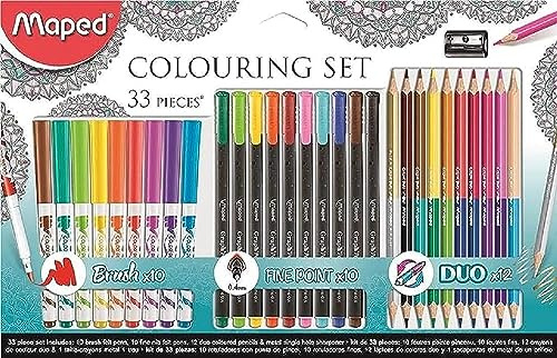 Maped - Rotuladores de Escritura - Graph Peps Kit de Colores - Ideal para Mandalas - Pack con 33 Piezas - Incluye 10 Rotuladores de Colores, 10 Rotuladores Finos, 12 Lápices de Madera y 1 Sacapuntas