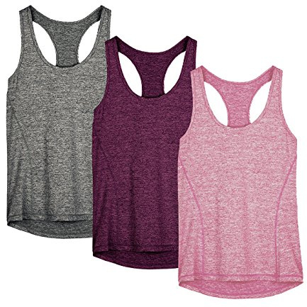 icyzone Damen Sporttop Yoga Tank Top Ringerrücken Oberteil Laufen Fitness Funktions Shirt, 3er Pack (L, Charcoal/Red Bud/Pink)