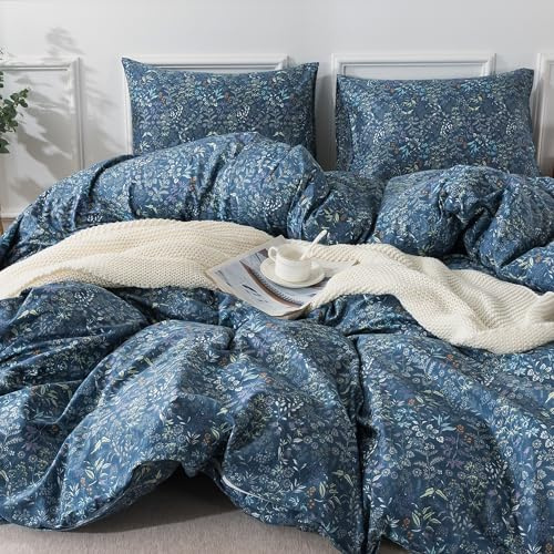 HoneiLife Duvet Cover Queen Size - 100% Cotton Comforter Cover Floral Duvet Cover Sets, Breathable Bedlinen Set with Zipper Closure & Corner Ties,3-pcs Wildflower Comforter Cover Sets