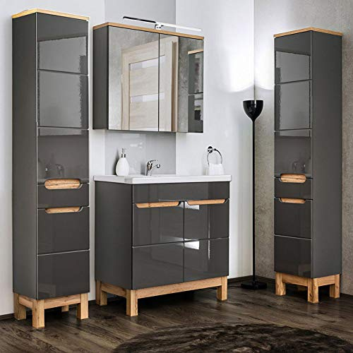 Lomadox Badmöbel Set in Hochglanz grau mit Eiche, 80cm Kerami-Waschtisch, Spiegelschrank & 2 Hochschränke