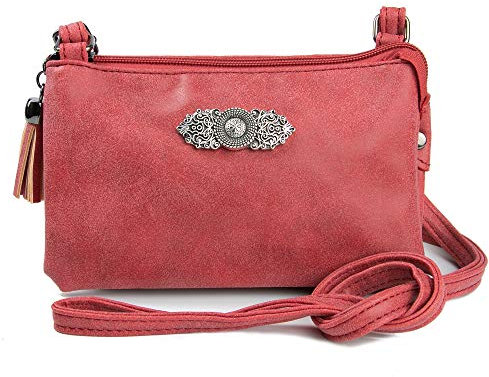 Enzianblau Trachten: Tasche in Leder-Optik mit Ornamentbrosche, Trachtencluch, Oktoberfest Tasche zum Dirndl (rot)