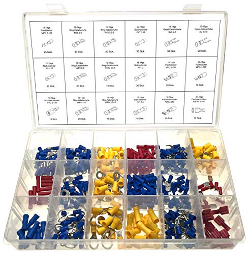 Alkan Kabelschuhe-Sortiment lötfreie Presskabelschuhe/Quetschverbinder Flachstecker, Stoßverbinder, Ringstecker, Gabelstecker und Hülsen in rot blau gelb, 360-tlg.