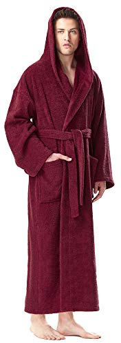 Arus Accappatoio da uomo con cappuccio, lunghezza al polpaccio, 100% cotone spugna, Rosso Vino, L-XL