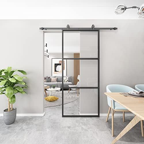 BARNSMITH 92cm W x 213cm H Frosted Glass Barn Door with 183cm Top Mounted Hardware kit Include Soft Close Mechanism Black Carbon Steel Tempered Frosted Glass Sliding Door, Assemble Required