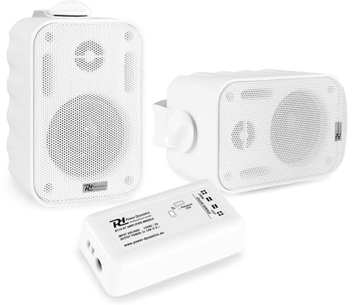 Power Dynamics- Pack de 2 Altavoces BGO30 Blancos con Amplificador BT10 Bluetooth, Resistente a la Intemperie, 60W, Estéreo, Soportes de Montaje, Cable 10m, Ideal Interior y Exterior.