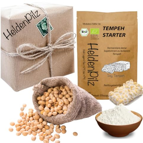 Tempeh Kit de démarrage avec 1 kg de soja pelé (Culture Rhizopus Oligosporus) – Jusqu'à 75 kg de Tempeh à fabriquer soi-même