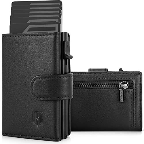 DODENSHA Kreditkartenetui geldbörse Herren RFID-Kreditkartenetui mit Münzfach, automatisches Pop-up-Kartenetui aus Aluminium für 8-10 Karten, Ausweisfenster | Schwarz