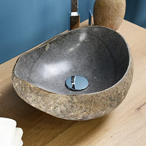 wohnfreuden Naturstein Waschbecken 30-39 cm rund in grau aus indonesischen Flussstein - Mit Unikat Auswahl