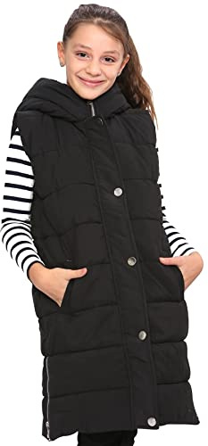 A2Z 4 Kids Mädchen Schwarze Steppweste Mit Kapuze Gepolsterte Lange Weste Daunenweste Übergröße Jacke langer ärmelloser Mantel Urbane Winterkleidung Alter 7-13 Jahre