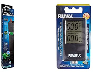 Fluval E-Heizer, Aquarienheizer für Aquarien bis 375 Liter, 300W + kabelloses 2-in-1 Digitalthermometer misst Wasser- und Raumtemperatur