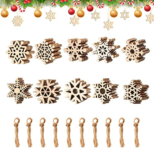 50 Stück Weihnachtsanhänger Holz, Weihnachtsbaum Anhänger, Schneeflocken, Baumschmuck Für Partys, Bastelarbeiten, Christbaumschmuck