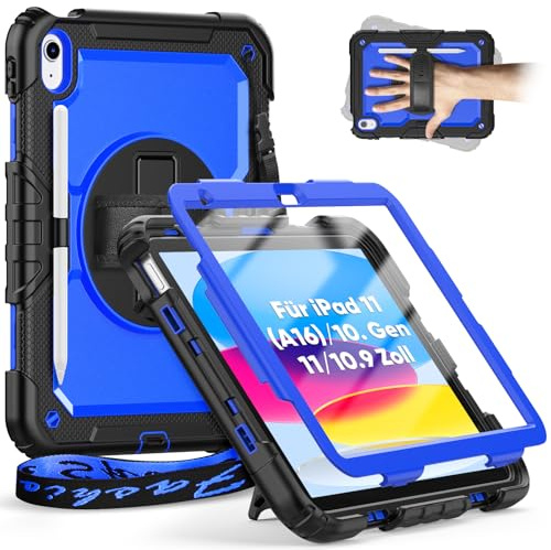 Timecity Hülle für iPad 11(A16) 2025 11Zoll/iPad 10 Generation Hülle 10.9 Zoll 2022, Stoßfeste Schutzh mit Displayschutz Handschlaufe 360°-Drehbarer-Ständer Stifthalter Outdoor-Dunkelblau