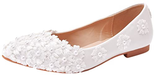 Jamron Damen Elegant Spitze Zehen Blume Perlen Brautschuhe Pumps Weiche Sohle Ballerinas Weiß SN070435 EU41