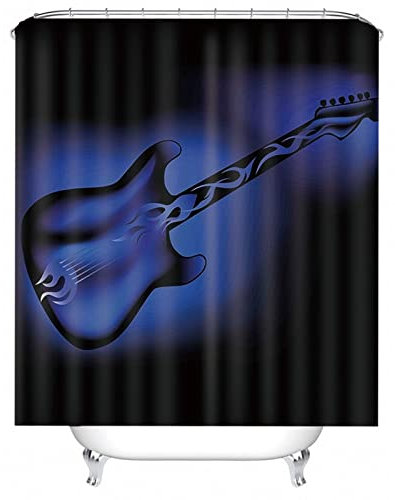Whoiy Badewannenvorhang Schwarz, Duschvorhang Eckbadewanne 165X200cm Polyester Duschvorhänge Gitarre Dunkelblau Waschbar Wasserdicht