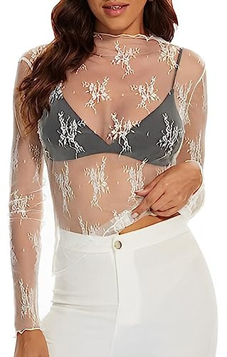 SamHeng Hauts Transparents Femme T-Shirt à Manches Longues Top Sexy Blouse Sheer Mesh Elastique Tops en Filet à Mailles Noir Tulle Tenue de Moulante pour Soirée Club-Blanc