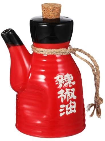 OKUMEYR Bottiglia Ceramica Condimento Giapponese 200ml Rosso | Tappo in Legno, Uso in Cucina e Ristorazione, Resistente alla Corrosione e Facile da Pulire