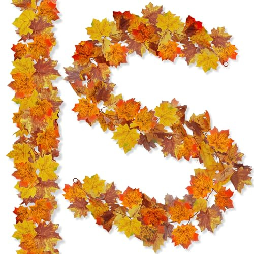 ROLLWAY 2 Stück Künstliche Herbstgirlande Ahornblätter, Herbst Girlande zum Aufhängen, Ahorn Blättergirlande Herbst Blätter Girlande für Drinnen Draußen Halloween Erntedankfest Kamin Dekoration
