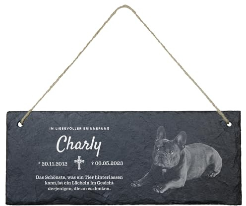 Gedenktafel für Hund und Katze aus Schiefer mit Bild und Gravur | Wetterfest graviert und personalisiert | Tiergrabstein für draußen | Grabplatte Haustier mit Foto | Eckig 25x10cm