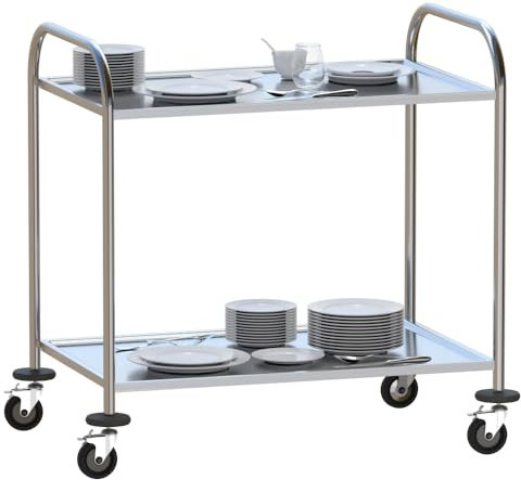 Mecent Edelstahl servierwagen mit Rollen küchenwagen auf runder Griff,rollwagen für Restaurants Mit 4-Bremsräder (2 böden)