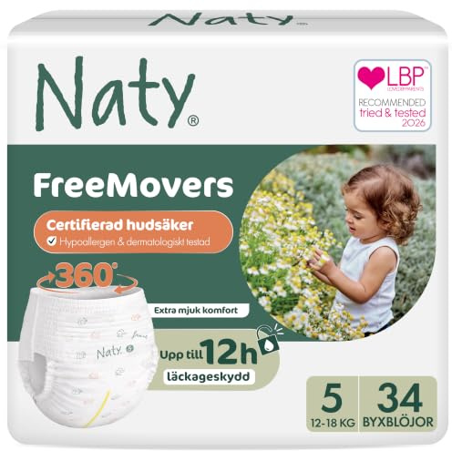 Naty FreeMovers Byxblöjor, Storlek 5 (12–18kg), 34-pack