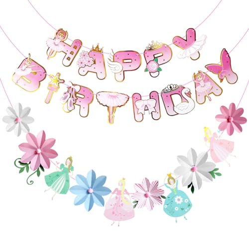 Boerni Ballerina-Geburtstagsbanner für Mädchen und Frauen, 2 Stück, Alles Gute zum Geburtstag, Blumen, Prinzessin, Ballett-Thema, Girlande, Wimpelkette, Banner für Tanzen, Geburtstag, Babyparty, Part