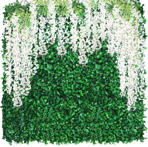 Juinte 54 Pack Greenery Backdrop with Flowers Include 18 Pcs 16 x 24 Grass Wall Panels Artificial Hedge Boxwood Panels 36 Pcs 3.6 Feet Wisteria Hanging Flowers Garland for Wedding Summer(White)