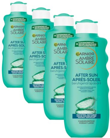 Garnier After Sun Lotion, Kühlende und beruhigende Bodylotion mit Aloe Vera, Ambre Solaire Feuchtigkeits-Milch, 1 x 400 ml (Packung mit 4)