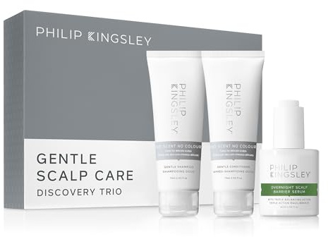 Philip Kingsley | Scalp Care Discovery Collection | Includes No Scent No Colour Shampoo and Conditioner and Overnight Scalp Barrier Serum | For Sensitive and Delicate Scalps | x3 | 75ml, 75ml, 60ml
