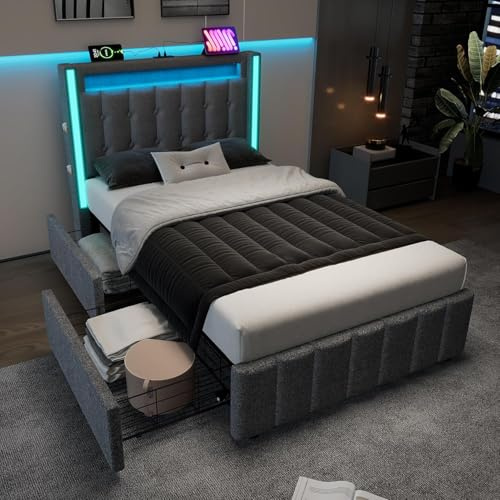 Kayan Polsterbett mit LED-Kopfteil und USB C Ladefunktion, Bett mit 2 Schubladen und Lattenrost, Einzelbett 90x200cm Stauraumbett Bettgestell, Lattenrost aus Holz, Linen (Grau, 90x200cm)