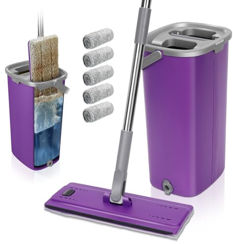 Masthome Mopa Microfibra y Cubo Escurridor, Mopa de Fregona Giratoria 360 ° y Cubo Autolavado, con 5 Fregonas Reutilizables, Fregona de Manos Libres para Todo Tipo de Suelos, Color Morado
