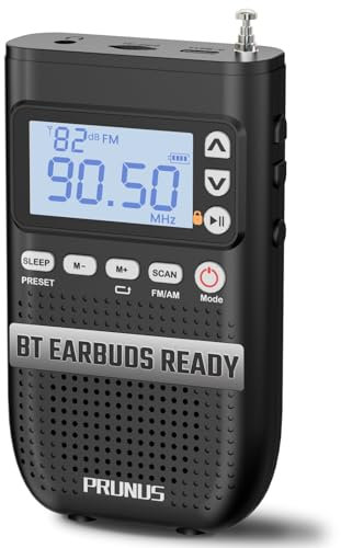 PRUNUS J-618 Radio Portatile AM/FM con Connessione per Auricolari Bluetooth, Mini Radiolina Ricaricabile da 2000 mAh, Radio Digitale con Jack per Cuffie, Slot per Scheda TF, Timer di Sonno.