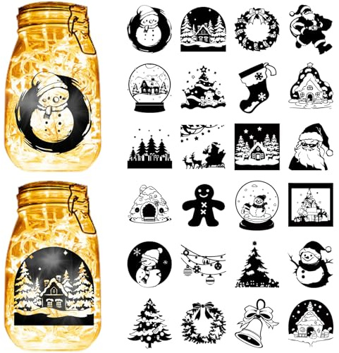 CREATCABIN 24 Weihnachts Silhouetten Aufkleber Für Einmachgläser Ausschnitte Aufkleber Weihnachtsmann Schneemann Scrapbook Wasserdichtes PVC Laternenglas Dekoration Für Wand Fenster Milchglas 9x10cm