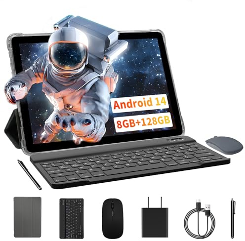 VASOUN Tablet 10 Zoll, Android Tablet 14 mit Ledertasche, Tastatur und Maus, Eingabestift, 5Ghz WiFi, 128 GB Storage, 8000 mAh, 2.0 MP+8.0 MP Camera, GMS Certifild Tablet PC Octa-Core (Grün)