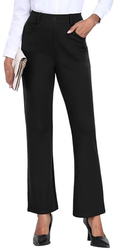 GRECERELLE Pantalones de trabajo elásticos para mujer, cintura elástica, pierna recta, pantalones casuales para mujer, pantalones de yoga con bolsillos, Negro, XL
