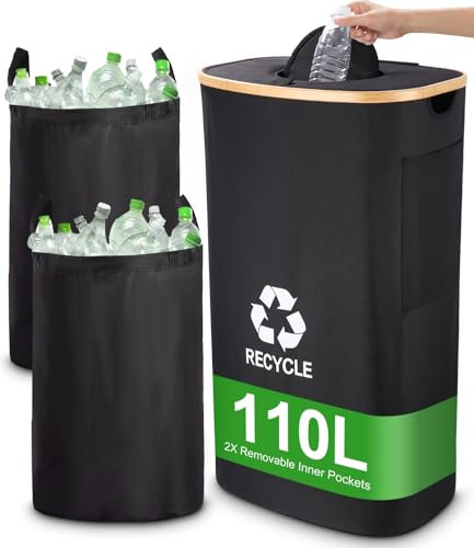 FAOKZE 110L Pfandflaschen Sammelbehälter mit Deckel mit 2 abnehmbarem Beutel,Groß Pfandflaschen Aufbewahrung,Recyclingbehälter Pfandflaschen Aufbewahrung für Küche & Abstellraum