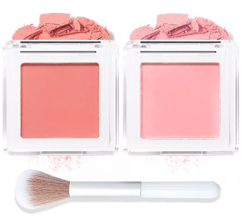 Blushers for Cheeks Make Up, 2PCS Pink Blush Palette Set, Matte Powder Blush Natural Peach Highly Pigmented Long-Lasting Brighten Blendable Blusher Palette for Women