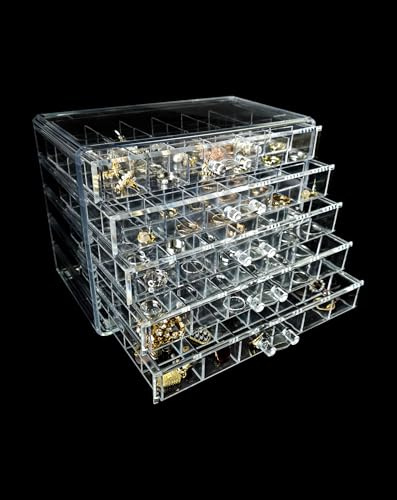 TINGSING Caja organizadora de joyas de acrílico transparente con 5 cajones, 120 rejillas transparentes para mujeres y niñas, solución de almacenamiento perfecta para collares, pulseras, aretes,
