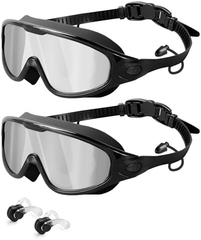 Lorrtta Wide Vision simglasögon 2-pack anti-dimglasögon simning vuxna, anti-läcka UV-skydd klar syn med näsklämmor och öronplus lämplig för vuxna och män simglasögon