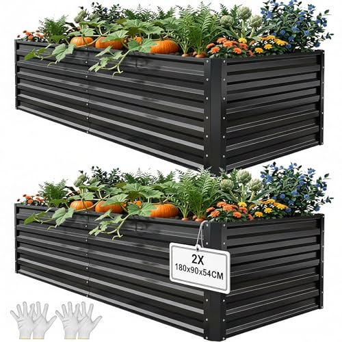 YITAHOME 2er-Set Hochbeet Metall 180x90x60cm, Hochbeete-Kit aus Verdicktem Zink-Aluminium-Magnesium-Edelstahl-Metall Hochbeete für Garten mit Stützstange & Handschuhe für Gemüse, Blumen (Schwarz)
