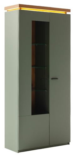 Lomadox Esszimmer-Vitrinenschrank mit 88cm Breite in Grün mit Eiche, 2 Türen, Glaseinsatz, LED-Akzentbeleuchtung -