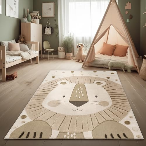Paco Home Moqueta Habitación Infantil Alfombra de Juego Efecto High-Low Motivo León Suave Tacto Fácil Cuidado Moderna Minimalista Beige Crema Carbón, tamaño:80x150 cm