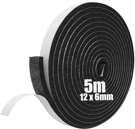 SDLDEER Nastro in Schiuma, Striscia di Schiuma Autoadesiva 12mm(L) X 6mm(S) X 5m(Lu) Guarnizione Sigillante Antispifferi per Porte, Striscia Sigillante per Porte, Paraspifferi per Finestre e Porte