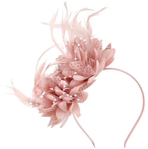 GWAWG Haarreif mit Federn und künstlichen Blumen, 1920er Jahre Damen-Fascinator Kopfschmuck, Stirnband für Karneval Cocktailparty Hochzeit Teeparty Vintage Accessoires (rosa, Einheitsgröße)
