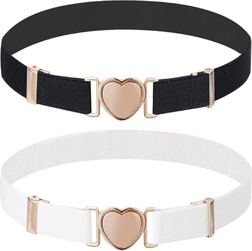 Jesustree Cintura Elastica per Ragazze Cintura Regolabile Fibbia a Cuore Carino Cintura Uniforme per Jeans Vestito Gonne Giacche 2 Pezzi Nero Bianco