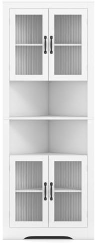 GIANTEX Armario Alto de Almacenamiento Esquinero con 4 Puertas de Cristal y 2 Compartimentos Abiertos, 2 Estantes Ajustables, 66 x 35 x 171 cm, Mueble para Salón, Baño, Cocina