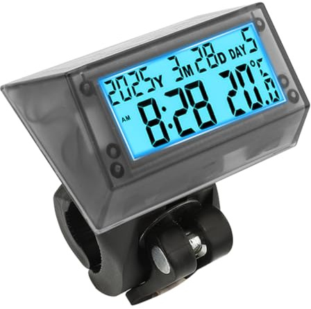 Auto Reloj LCD solar Azul – impermeable y a prueba de golpes,con soporte | Reloj para coche – hora,fecha,día de la semana, temperatura con soporte de fijación para coche, moto,bicicleta y exteriores